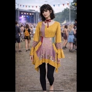 IPNG S/M Boho Asymmetrical Tunic Sheer Pockets Red Velvet Neck Bow Bell Sleeves